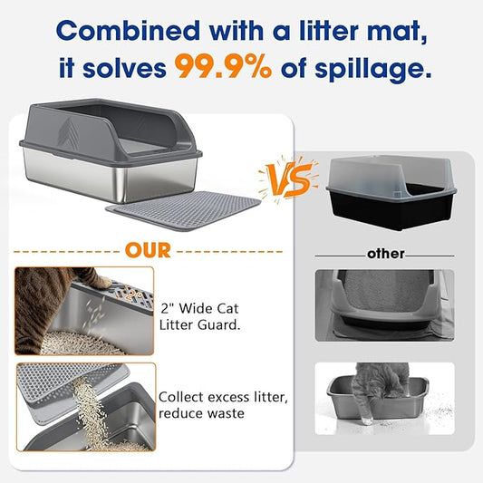 Stainless Steel Cat Litter Box with Lid, Enclosed Litter Boxes XL High Sided for Kitty Big Cat and Multiple Cats, Anti-Urine Leakage | Non-Stick & Includes Cat Mat and Scoop
