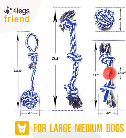 Rope Toys for Large Dogs & Puppies 4-Pack – Natural Cotton Rubber Tug-of-War Toy Set – Tough Dog Toys for Aggressive Chewers Improve Dental Hygiene – Machine-Washable Dog Rope Toy Ropes