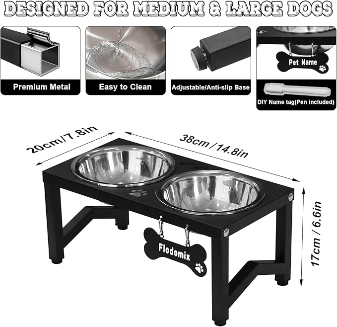 Elevated Dog Bowls, Metal Raised Dog Bowl Stand with 2 Thick 34oz Stainless Steel Food Bowls- 6.6" Tall for Small/Medium Breeds