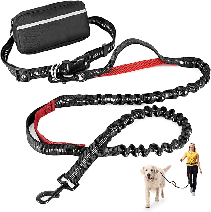 Hands Free Dog Leash with Zipper Pouch, Retractable Bungee Waist Leash with Dual Padded Handles & Waist Belt Fanny Pack for Medium & Large Dog Training Walking Running Hiking Jogging (Red)