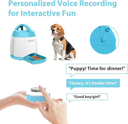 PETGEEK Automatic Dog Feeder/Treat Dispenser with Rechargeable Button Remote Control, Interactive Dog Food Puzzle & Stimulation Toys, 400ml Capacity Pet Dispensing Toy for Indoor/Outdoor Play