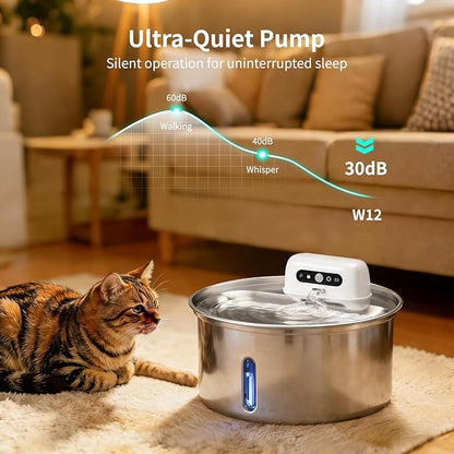 YFL Cordless Cat Water Fountain, 3.2L/108oz Stainless Steel Pet Water Fountain with Motion Sensor & Visual Filter, 4000mAh Battery Operated Quiet Cat Drinking Fountain for Cats & Dogs