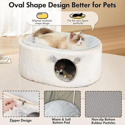 Cat Bed for Indoor Cats, Fluffy Large Enclosed Cat House Cave Pet Bed Hammock with Removable Washable Cover for Sleeping Cats, Kittens, Small Dog, Oval Hideaway