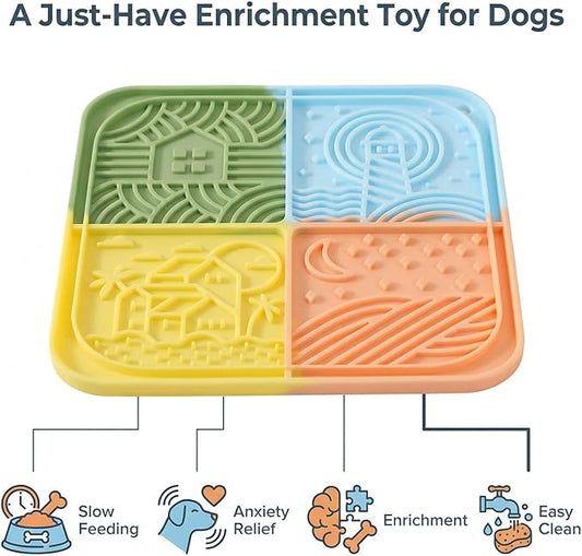 Dog Lick Mat with Suction Cups, 4-Texture Enrichment Slow Feeder for Dogs & Cats, Non-Slip Silicone Licking Pad for Anxiety Relief, Bathing & Training (Colorful)