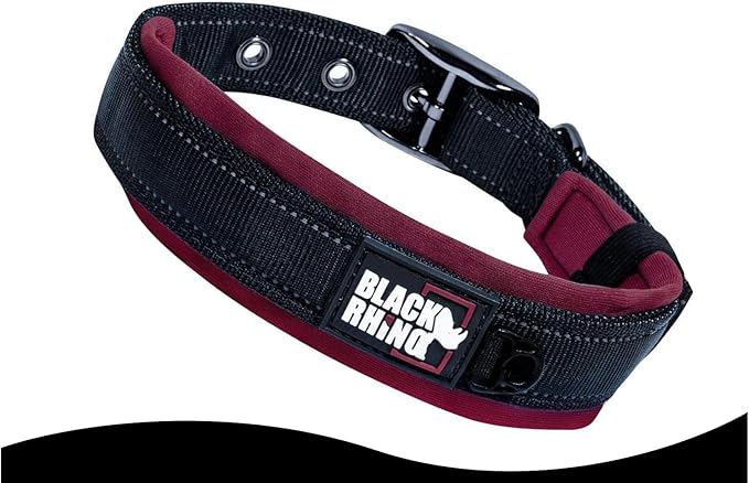 Black Rhino Dog Collars for Medium Dogs - Adjustable Reflective Heavy Duty Dog Collar with Ultra-Soft Neoprene Padding - Weatherproof, Durable, and Comfortable for Active Dogs - Burgundy and Black