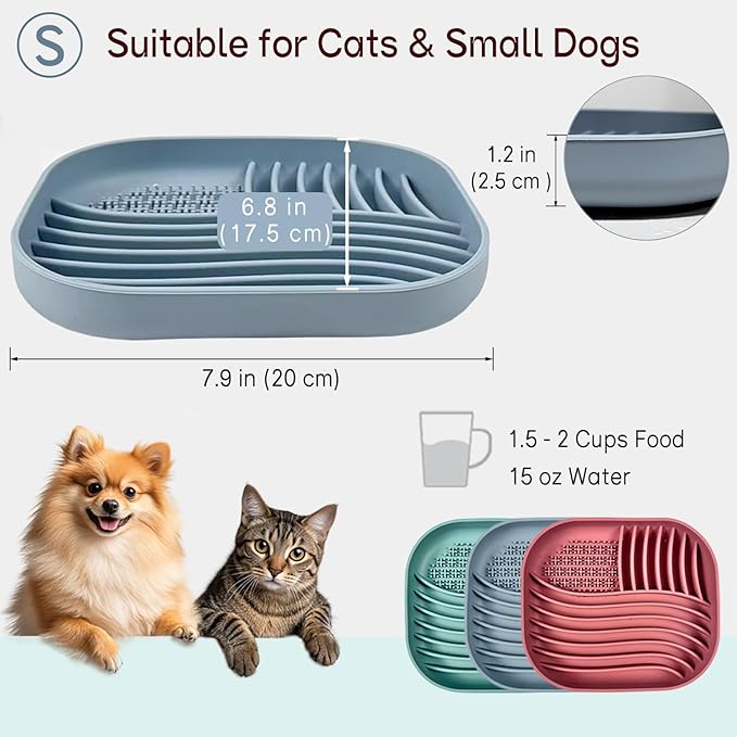 Slow Feeder Dog Bowl for Medium & Small Pets, Anti Choking Pets Slow Feeder with 3-Zone Puzzle Design, Wet Food Silicone Cat Bowl with Non-Slip Base, Dishwasher Microwave Safe(Red, 1.5 Cup)
