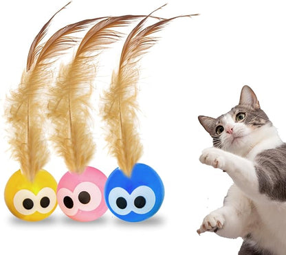 Bouncy Tails 3-Pack Cat Ball Toy with Natural Feathers, Interactive Cat Toys for Bored Indoor Adult Cats, Feather Cat Toy for Indoor Cats and Playful Kittens