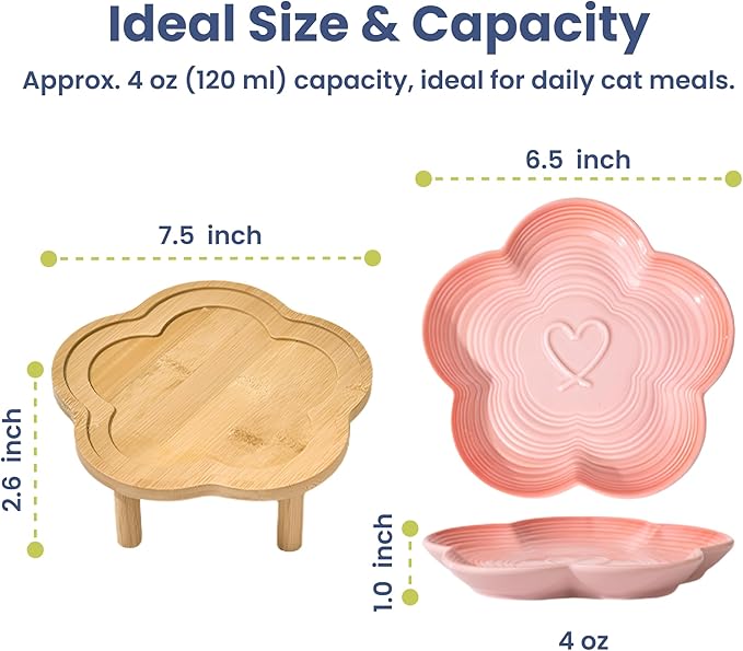 PawsPik Flower Ceramic Cat Feeding Plate with Raised Bamboo Stand, Elevated Whisker-Friendly Pet Bowl, Anti-Slip Stable Design, Dishwasher Safe (Pink)