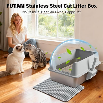 Stainless Steel Litter Box, Extra Large Litter Boxes for Big Cats, XL Metal Cat Litter Box with High Sides Lid, Anti-Urine Leakage, Never Absorbs Odors, Easy Cleaning, Non-Stick, Include Scoop and Mat