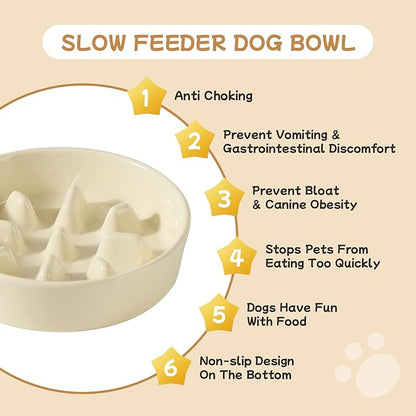Ceramic 0.9 Cup Raised Slow Feeder Dog Bowl Set, Elevated 6.1inch Slow Dish and 6.1inch Water Bowl with Wooden Stand for Small Dogs (2 x Light Yellow+ Stand)