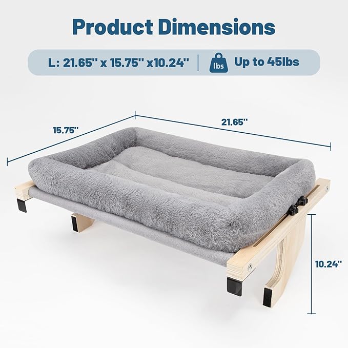 Cat Sill Window Perch - 100% Natural Pine Frame, Soft Rabbit Fur Cushion, Tool-Free Adjustment, Supports 50 lbs (Large-Grey)