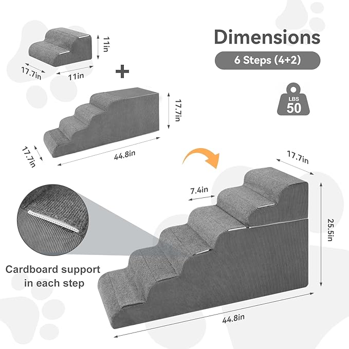 ABORON 6 Steps Dog Steps for High Bed, 25.5 Inch High Dog Stairs for Small Dogs, Waterproof Pet Stairs for Small Old Large Dogs and Cats with Removable Cover & PE Support Board for Bed/Car/Couch