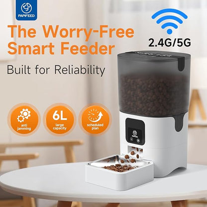 PAPIFEED 5G WiFi Automatic Cat Feeders Smart Automatic Cat Food Dispenser Slow Feeding Mode, Detachable for Easy Cleaning, Pet Feeder, 1-30 Meals Per Day for Multiple Pets (6L/25 Cup)