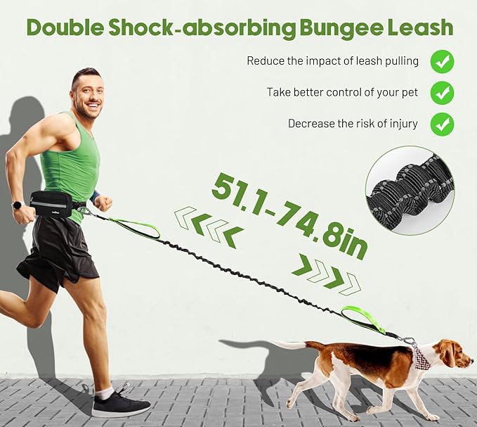 Hands Free Dog Leash with Pouch, Waist Leash for Dog Walking, Jogging, Hiking, Retractable Leashes with Dual Padded Handles, Adjustable Reflective Belt for Small Medium Large Dogs, Black Green