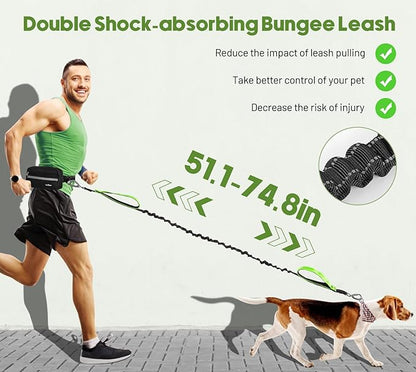 Hands Free Dog Leash with Pouch, Waist Leash for Dog Walking, Jogging, Hiking, Retractable Leashes with Dual Padded Handles, Adjustable Reflective Belt for Small Medium Large Dogs, Black Green