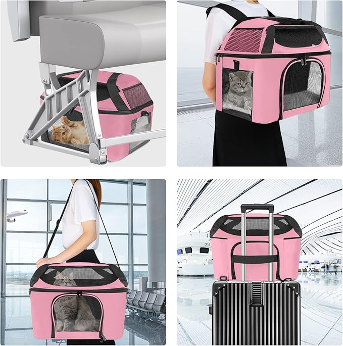 Cat Carrier Backpack Pet Carrier for Cats & Small Dogs Under 20 lbs TSA Airline Approved Soft Sided Collapsible Travel Carrier with Ventilation Windows, Pink