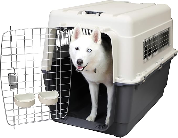 SportPet Airline Compliant XX-LARGE 36" Travel Dog Kennel-Durable Plastic Airline Pet Carrier w/ Removable Wheels & Food Bowls, Collapsible Indoor/Outdoor Dog Kennel, Dogs up to 36"L & 27"H-Cream/Gray