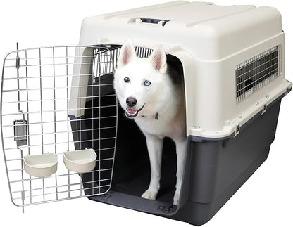 SportPet Airline Compliant XX-LARGE 36" Travel Dog Kennel-Durable Plastic Airline Pet Carrier w/ Removable Wheels & Food Bowls, Collapsible Indoor/Outdoor Dog Kennel, Dogs up to 36"L & 27"H-Cream/Gray