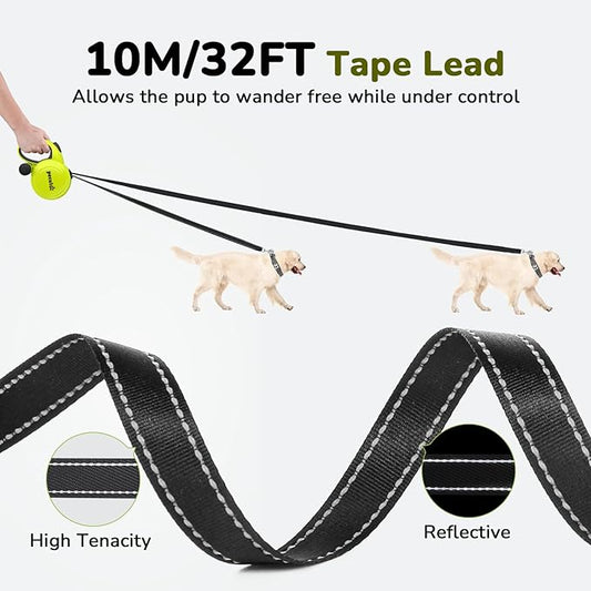 32ft Retractable Dog Leash with Reflective Strips, One-Button Control & Sturdiness Nylon Material, Long Leash Retractable with Poop Bag Holder for Medium Large Dog