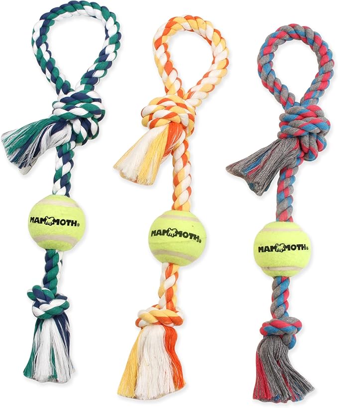 Mammoth Flossy Chews Color 3 Knot Tug with Tennis Ball Premium Cotton-Poly Tug Toy for Dogs Interactive Dog Tug Toy Rope Dog Toy with Tennis Ball for Small to Medium Dogs Medium 20" - Assorted Colors