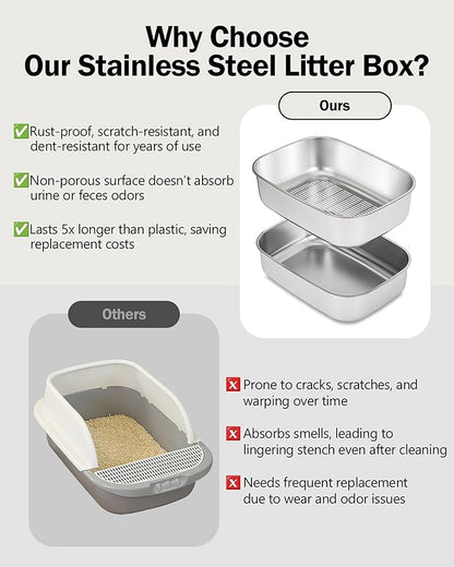 Stainless Steel Sifting Litter Box with Lid, Metal Litter Pan with Scoop for Big Cats Multi Cat, Extra Large Cats Litterbox Odor Control Easy Clean