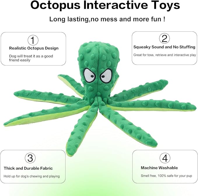 Dog Squeaky Toys Octopus - No Stuffing Crinkle Plush Toys for Puppy Teething, Durable Interactive Chew Toys for Small, Medium and Large Dogs Training and Reduce Boredom, 2 Pack