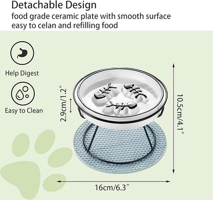 Elevated Cat Slow Feeder Bowls,Whisker Friendly Cat Bowl, Ceramic Raised Slow Feeder, Anti Vomit Promotes Digestion Bowls for Dry and Wet Food
