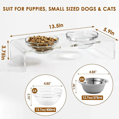 Elevated Acrylic Pet Bowl Stand – Raised Cat & Dog Bowls with 2 Glass & 2 Stainless Steel Bowls, Modern Clear Design, Non-Slip, Easy to Clean, Perfect for Small Pets, 3.75" Tall