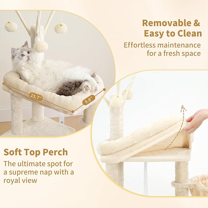 Heybly Cat Tree, 45.3-Inch Cat Tower for Indoor Cats with Large Perch, All-in-One Cat Furniture with Cozy Bed, Hidden Space Cat Condo, Comfy Hammock, Scratching Posts & 3 Pompoms, Beige HCT202SM