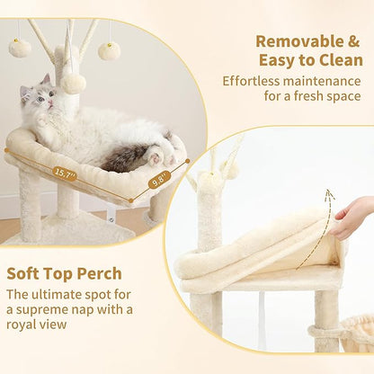 Heybly Cat Tree, 45.3-Inch Cat Tower for Indoor Cats with Large Perch, All-in-One Cat Furniture with Cozy Bed, Hidden Space Cat Condo, Comfy Hammock, Scratching Posts & 3 Pompoms, Beige HCT202SM