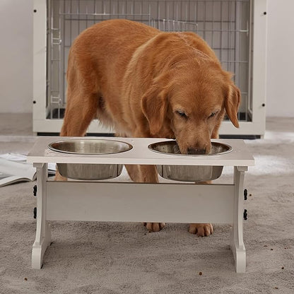 Piskyet Elevated Dog Bowls,Farmhouse Dog Bowls Stand, Raised Dog Bowl with 2 Stainless Steel Wooden Dog Bowls,7 Cups 11''H_55 oz Bowl-White, GWJ-01
