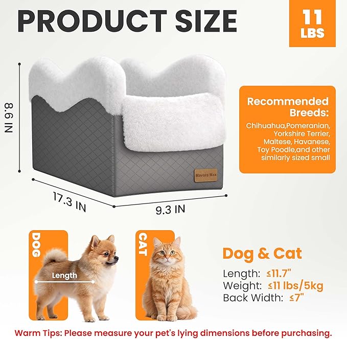 Portable Small Dog Seat for Car, Luxury Center Console Dog Car Seat Booster with Safety Tethers, Anti-Collapse Pet Travel Carseat for SUV, Truck (Dark Grey/White)