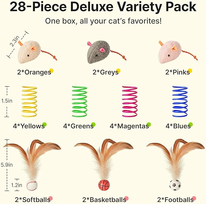 Potaroma Cat Toys Pack for Indoor Cats, 28PCS Interactive Kitten Accessories with Feather Balls, Catnip Mice, Colorful Springs – Starter Kitten Toy Stuff Set, Bored Kitty Must-Have Supplies