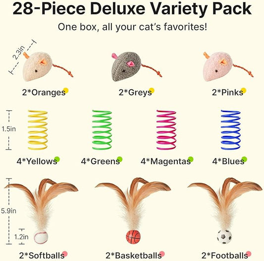 Potaroma Cat Toys Pack for Indoor Cats, 28PCS Interactive Kitten Accessories with Feather Balls, Catnip Mice, Colorful Springs – Starter Kitten Toy Stuff Set, Bored Kitty Must-Have Supplies