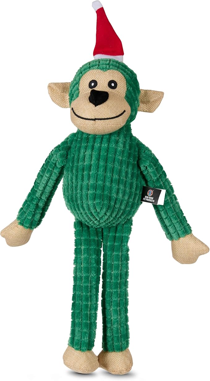 Bow Wow Pet Pixel Monkey with Santa Hat Plush Squeaky Dog Toy