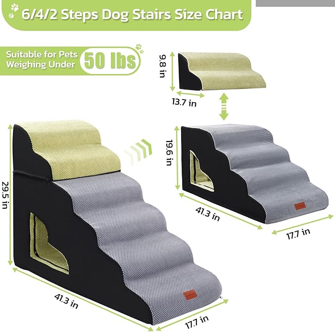LOOBANI Dog Stairs for High Bed, 30 Inch Height 6 Steps Soft Foam Spliced Dog Steps for Bed, Non-Slip Sturdy Pet Stairs, Ramp for Small, Older Pets - Grey 6 Tiers