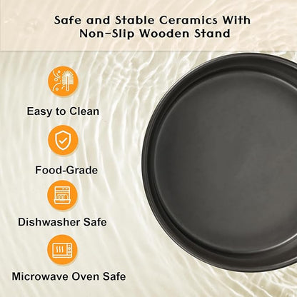 SPUNKYJUNKY Ceramic Elevated Dog Bowls 2 Pack - 5.1inch Raised Dog Bowls with Non-Slip Wooden Stand for Small Dogs Dishwasher Safe(Black,13.5OZ*2)