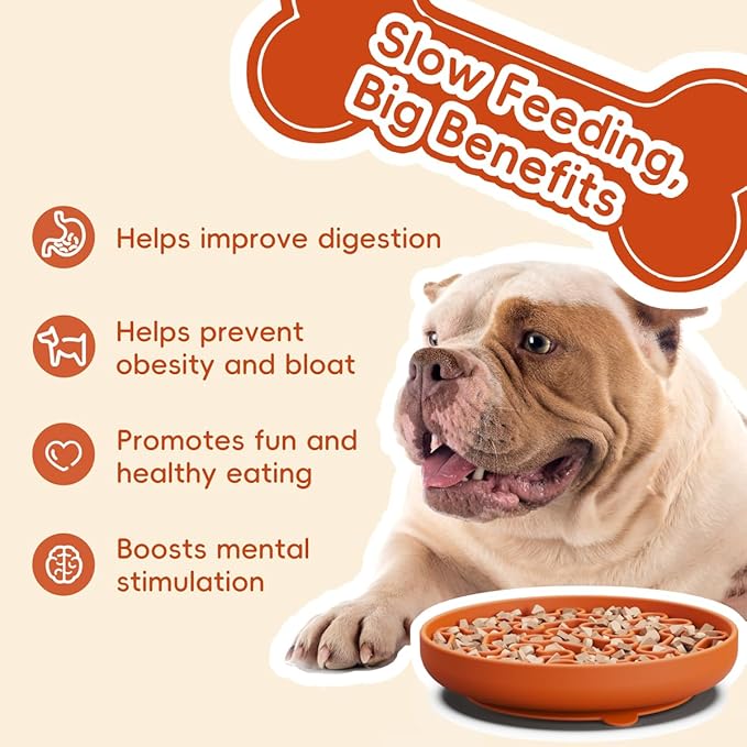 Silicone Slow Feeder Dog Bowl – Orange Bone Pattern | Food-Grade Non-Slip Dog Dish for Anti-Bloat, Fast Eating Prevention, 7.5” x 1.5”, Dishwasher Safe