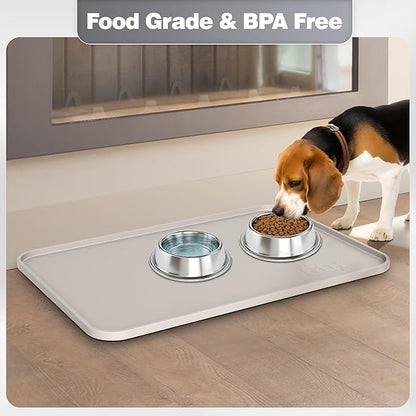 Silicone Dog Food Mat, Waterproof Anti-Slip Pet Feeding Mat with Warped Resistant Raised Edge,Spill-Proof Lip Floor Protection,Dishwasher-Safe Pet Placemat for Dogs & Cats(L 24" x 16" Beige Gray)