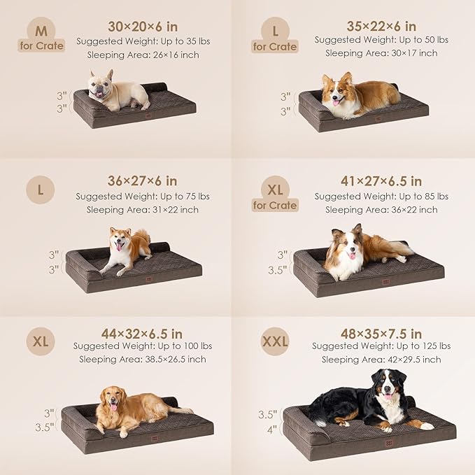 EHEYCIGA Memory Foam Dog Bed Large Size Dogs, Orthopedic Dog Bed Large with Washable Removable Cover, Waterproof Pet Sofa Couch with Nonskid Bottom, 36x27x6, Brown