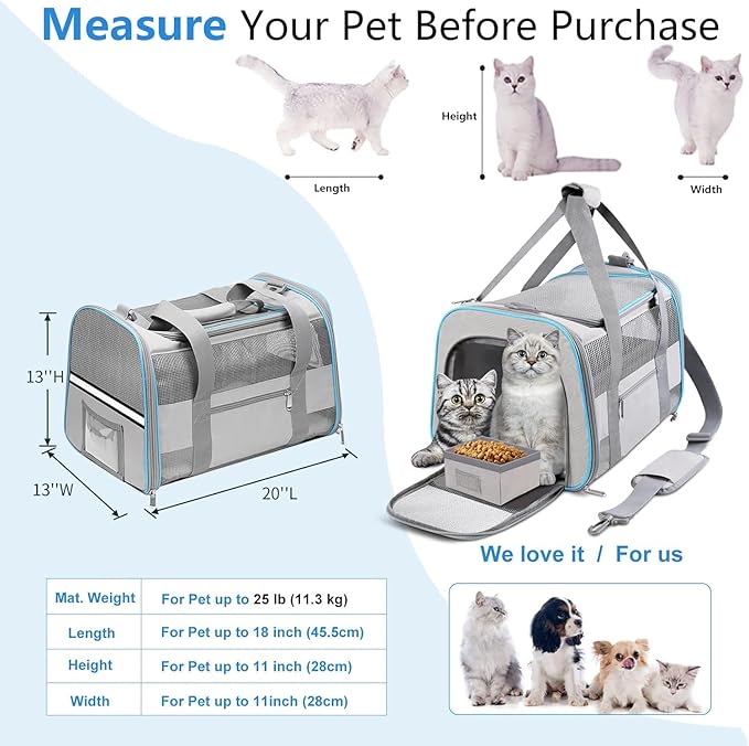 Heavy Duty 20 Inch Cat Carrier with Double Doors, Collapsible Airline Approved Pet Crate for Large Cats, Easy-Clean Travel Kennel for Car, Vet, Airport, Home Use, Light Grey