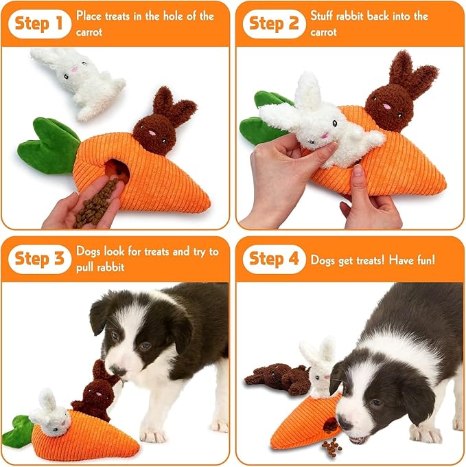 Easter Dog Toys, Carrot Hide and Seek with 2 Squeaky Bunny Small and Plush Dog Puzzle Toys, Easter Squeaky Gifts for Small and Medium Dogs