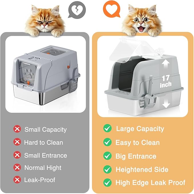 Stainless Steel Cat Litter Box Fully Enclosed, Extra Large Metal High Sided Cat Box with 120° Fully Transparent See-Through Flip Lid, Scoop & Mat - Grey - XL