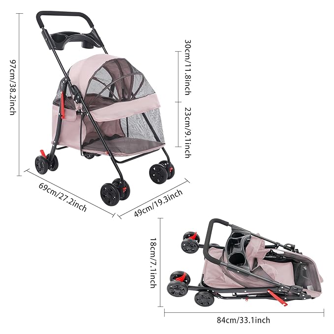 Foldable Pet Stroller w/Lockable Brakes,40lbs Capacity Ventilated Mesh Carrier Cart for Small Medium Dogs & Cats,Dog Stroller (Pale Pinkish Grey)