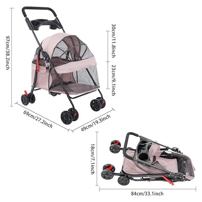 Foldable Pet Stroller w/Lockable Brakes,40lbs Capacity Ventilated Mesh Carrier Cart for Small Medium Dogs & Cats,Dog Stroller (Pale Pinkish Grey)