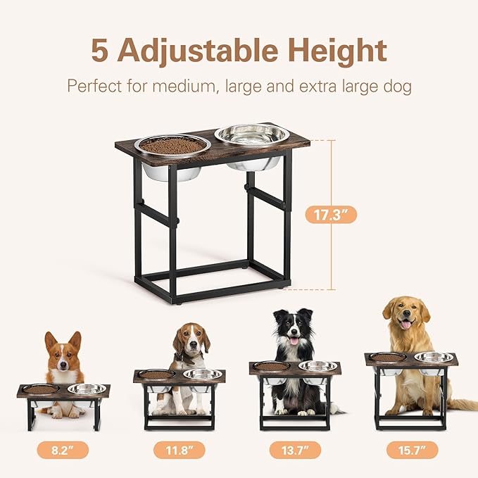Zarler Elevated Dog Bowls for X-Large and Large Breed, 5 Adjustable Heights from 8.2'' - 17.3'', 2 Stainless Steel Bowls, 8.2'',11.8'',13.7'',15.7'',17.3'' Raised Dogs Bowls Stand