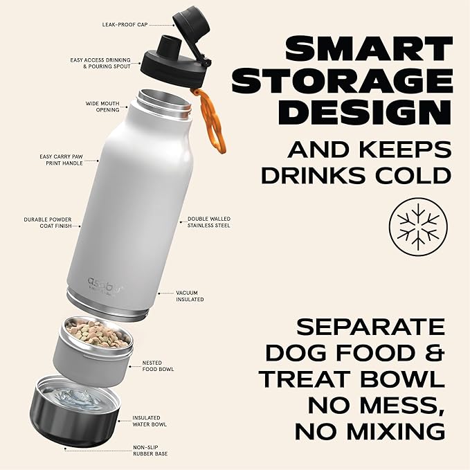 asobu Buddy Bottle a Stainless Steel Insulated Water Bottle for with Removable Dog Water Bowl and Dog Food and Treat Storage Bowl (White, 34 oz Water Bottle | 2 Bowls)