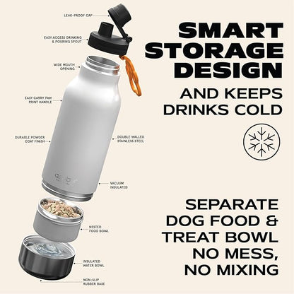 asobu Buddy Bottle a Stainless Steel Insulated Water Bottle for with Removable Dog Water Bowl and Dog Food and Treat Storage Bowl (White, 34 oz Water Bottle | 2 Bowls)