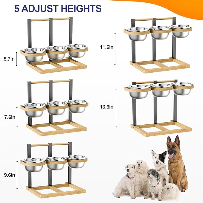 handrong Elevated Dog Bowl,5 Height Adjustable Raised Dog Bowl,Dogs Food Bowls Stand Feeding Station with 3 Food and Water Bowls for Medium,Large Dogs