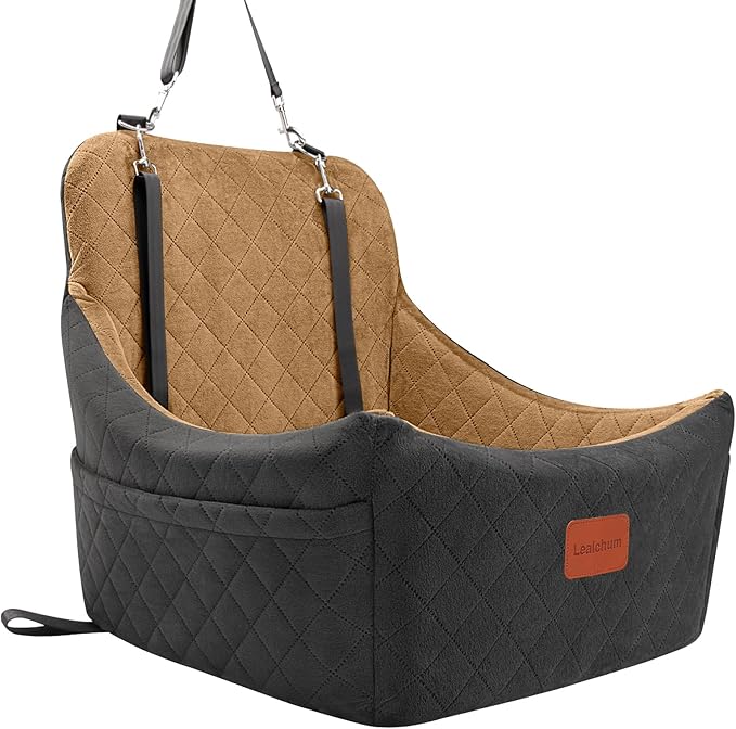 Lealchum Dog Booster Car Seat for Medium Dogs Up to 40lbs Pets,Easy to Install,Fully Detachable and Washable,Anti-Slip Base,Snug Puppy Car Seat with 2 Clip-On Leashes(Black/Coffee,Medium)